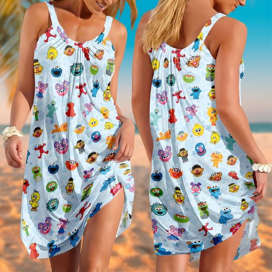 The Muppet Show Sling Summer Dress, Kermit And Friends Cartoon Beach Dress, Muppets Coral Sundress, Retro Character Vacation Outfit