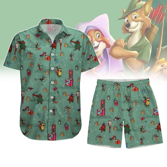 Robin Hood Characters Button Shirt, Little John Sir Hiss Prince John Family Hawaiian Shirt, Disneyland Summer Trip,Magic Kingdom Shorts