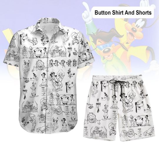 Disney A Goofy Movie Characters Sketch Button Shirt, Max And Roxanne Hawaiian Shirt, Powerline Shorts, Magic Kingdom Family 2025 Trip