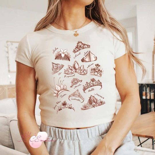 Disney Princess Crowns Signature Baby Tee, Cinde Tiana Rapunzel Elsa Girly Aesthetic Princess Bow, Disney Girl Trip Shirt