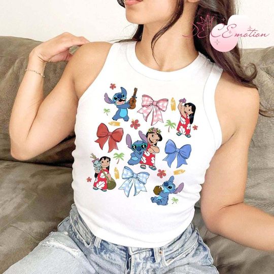 Coquette Bow Disney Lilo & Stitch Crop Tank, Ohana means family Disney Stitch Crop Top, Summer Hawaii Aloha Disney Girl Trip Shirt