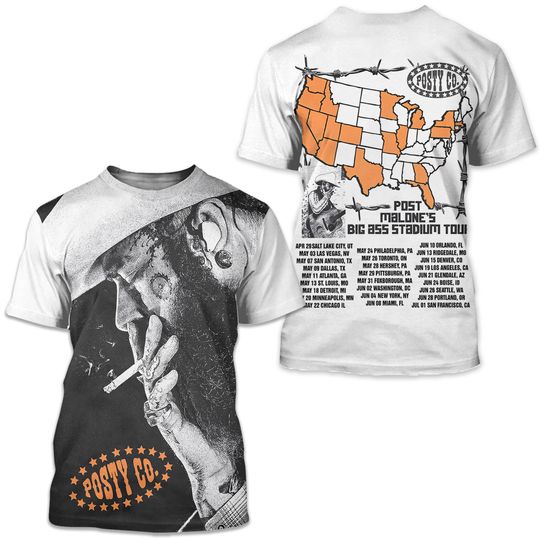 Post Malone Big Ass Stadium Tour 2025 Photo Art With Tour Dates 3D Shirt