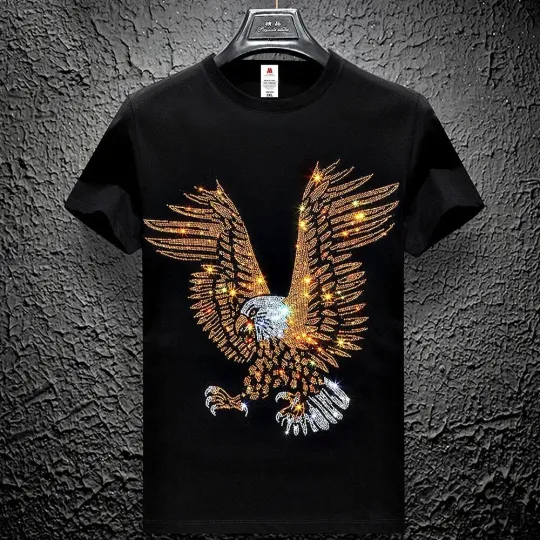 Men Fashion Diamonds T-Shirt Hawk Eagle 3D Rhinestones Hot Drill Short Sleeve