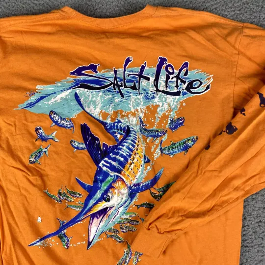 Discover Salt Life Shirt Mens Medium Orange Tee Swordfish Ocean 3D L/S Graphic Sea Beach