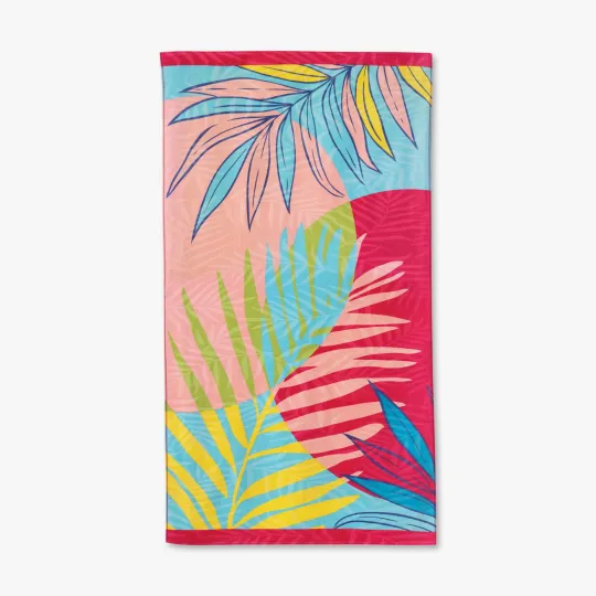 Oversized Printed Palm Coral 100% Cotton Velour Beach Towel,