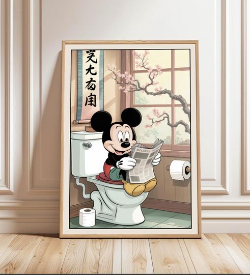 Funny Mickey Mouse reading newspaper on toilet Poster, Funny Bathroom Wall Art, Bathroom Poster, Disney Lover Gift
