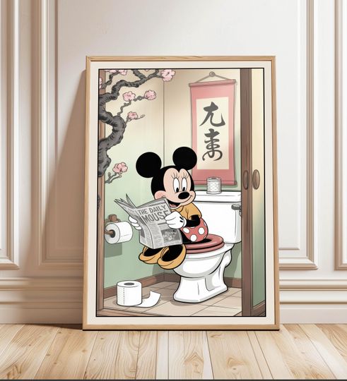 Funny Minnie Mouse reading newspaper on toilet Poster, Funny Bathroom Wall Art, Bathroom Poster, Disney Lover Gift