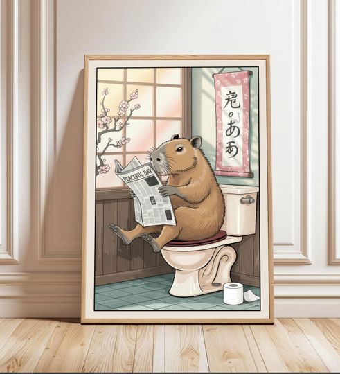 Discover Capybara Poster, Funny Capybara Bathroom Wall Art, Japanese Capybara Bathroom Poster, Neutral print, Capybara Lover Gift