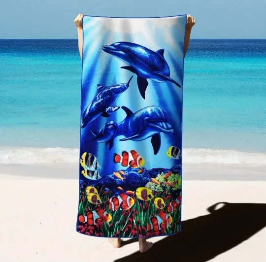 Microfiber Dolphin And Fish Print Beach Towel