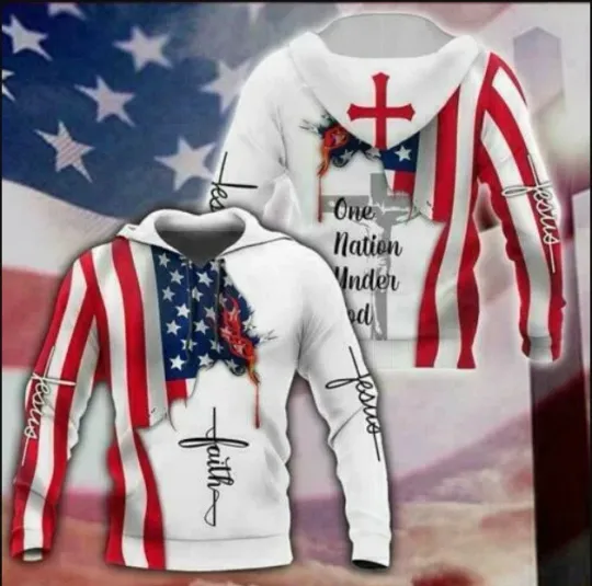 Jesus American Flag Faith One Nation Under God 3D HOODIE Halloween Gift Us Size