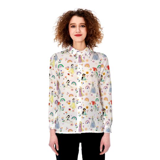 Disney princess 3D All Over Print Women Blouses Shirt, Casual Long Sleeve Button Down Shirt, Disney Blouses For Women Fashion