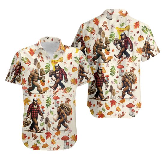 Bigfoot With Morel Mushrooms Hawaiian Shirt For Men Women, Mushroom & Sasquatch Button Up Shirt, Autumn Leaves Aloha Shirt For Bigfoot Lover
