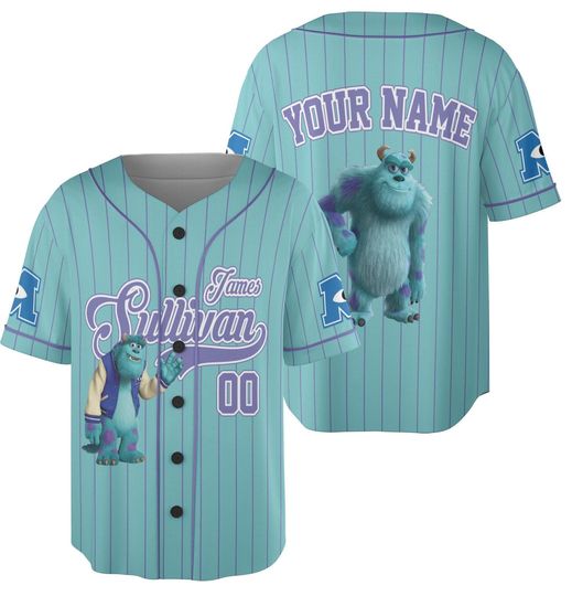 Custom Disney Monster Inc James Sullivan Cyan Simple Baseball Jersey, Personalized Baseball Team Jersey, Birthday Gift for Monster Inc Fans Family