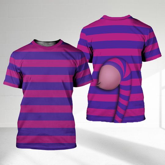 Cheshire Cat Purple Blue Stripe Cat Halloween 3D Shirt, Halloween Costume Family Group T Shirt, Mysterious Cat Character Cosplay Costume Tee