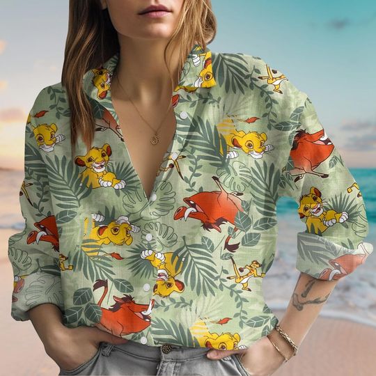 Lion King Floral Women Blouse, Cartoon Shirt, Disney Button Up Shirt, Simba Nala Mufasa Timon Pumbaa Shirt, Animal Kingdom