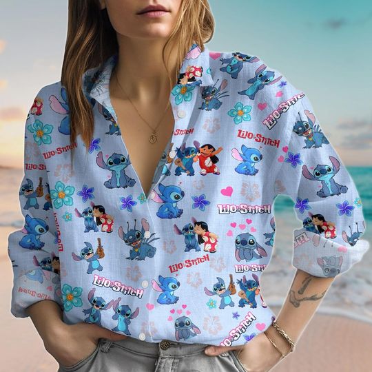Lilo And Stitch Shirt, Disney Stitch Women Blouse, Cartoon Button Up Shirt, Movie Long Sleeve Shirt, Summer Gift For Her