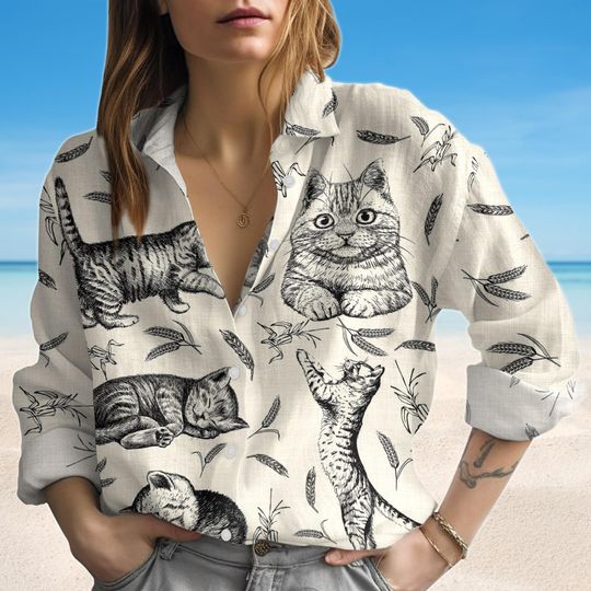 Cat Blouse Shirt, Cute Feline Blouse Top, Casual Cat Lover Shirt, Lightweight Animal Blouse Shirt, Black Cat Blouse Shirt