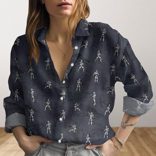 Stormtrooper Women's Blouse, Star Wars Button Shirt, Funny Disney Summer Vacation Shirt, Galaxy's Edge Shirt, Movie Long Sleeve Shirt