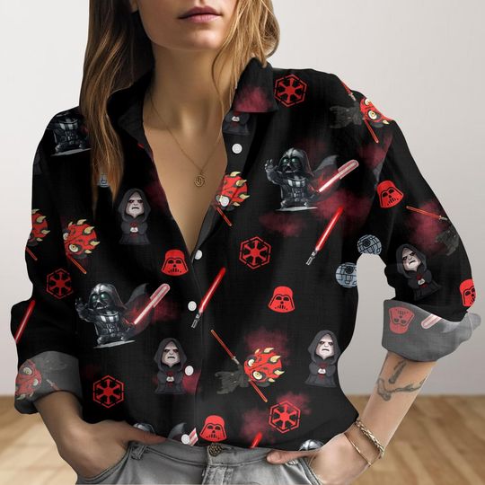 Star Wars Chibi Sith Darth Vader Women Blouse, Disney Movie Button Up Shirt, Star Wars Gift, Holiday Summer Shirt, Long Sleeve Shirt