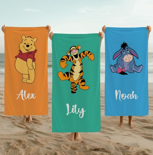 Personalized Winnie the Pooh Beach Towel, Custom Disney Character Gift, Tigger Eeyore Summer Pool Towel, Family Vacation & Group Trip Favor