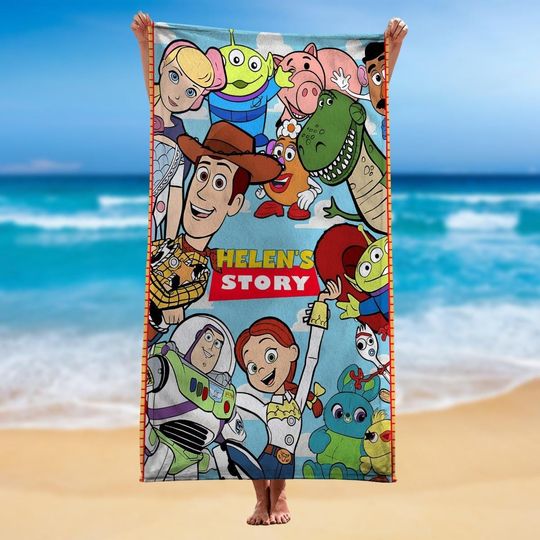 Personalized Toy Story Beach Towel, Disney Cartoon Bath Towel,  Custom Beach Towel With Name, Magic Kingdom Gift For Her