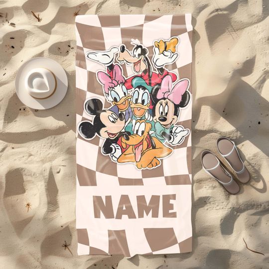 Personalized Mickey And Friends Beige Beach Towel, Custom Mickey n Co Summer  Beach Towel, Disney Kids towel, Summer Gift, Disneyland Vacay