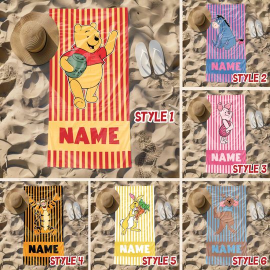Personalized Disney Winnie the Pooh Beach Towel, Custom Summer Pooh and friends Beach Towel, Custom Disney, Kids towel, Summer Gift