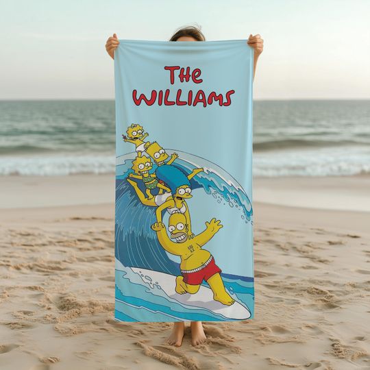 Cartoon Family Surf Beach Towel, Fun Summer Design for Kids & Adults, Soft Lightweight Towel for Pool, Spa, Travel, Vacation and Outdoor Use