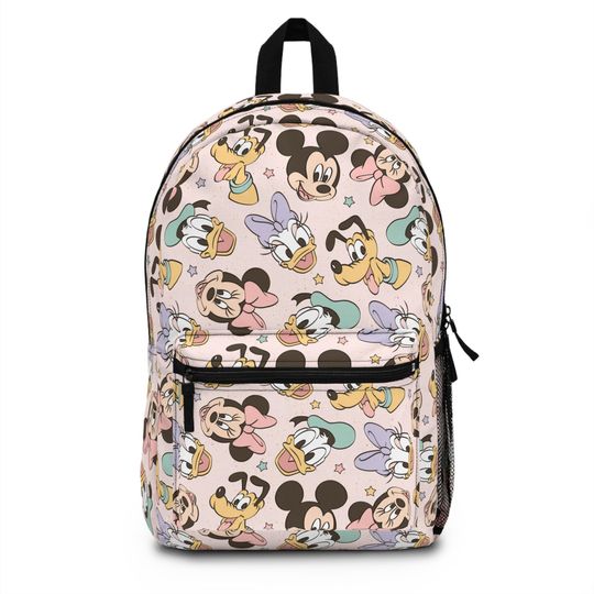Mickey & Friends Light Pink Backpack Cute Disney Park Bag Minnie, Goofy, Donald, Pluto Pastel Disney Backpack for All Ages