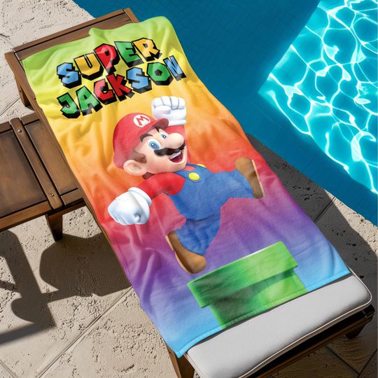 Super Mario Towel, Custom Name Towel, Video Game Towel, Personalized Birthday Gift, Super Mario Beach Towel, Summer Pool Towel, Bath Towel