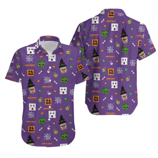 Minecraft Hawaiian Shirt, Pixel Game Characters Button Shirt, Kids Birthday Shirt, Pixel Game Lover Shirt, Funny Gaming Family Shirt