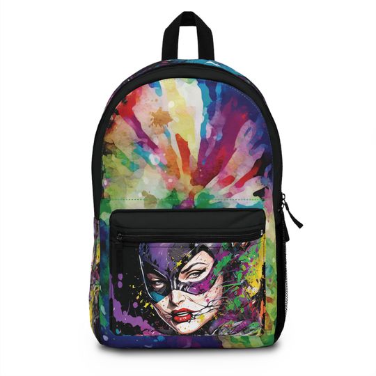 Catwoman Splatter Art Backpack - Trendy Graphic Back Pack Bag, Fashionable School Bookbag, Unique Travel Knapsack, Cool Gothic Rucksack,