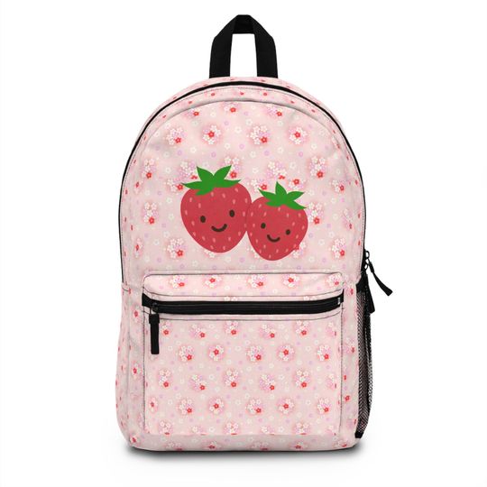 Pink Sakura Snowflake Backpack with Strawberry Characters Kawaii Floral Bag, Cute Japanese-Style Kids Backpack