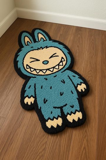 Blue Labubu Tufted Rug, 3D Rugs, Soft Cartoon Rug, Funny Room Decor, Unique Modern Accent