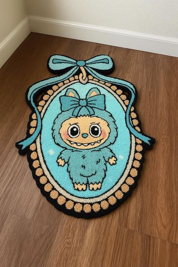 Blue Mirror Labubu Tufted Rug, 3D Rug for Funny Kids Room, Cute Soft Plush Carpet