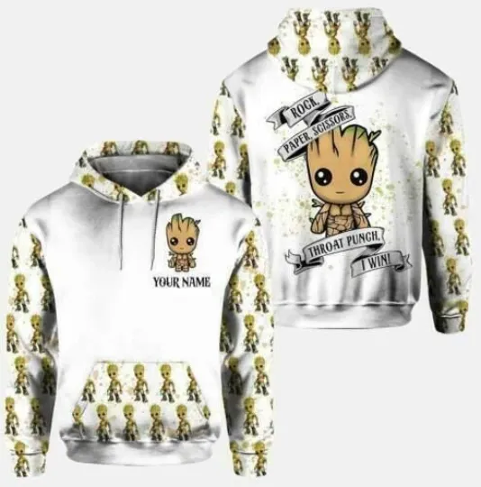 Personalized Baby Groot Rock Paper Throat Punch Hoodie 3d - all printed