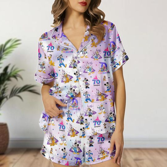 Disneyland 70th Anniversary Pajamas Shorts, Mickey Mouse Sleepwear, Cute Disney Gift For Her Birthday, Disneyland Shirt