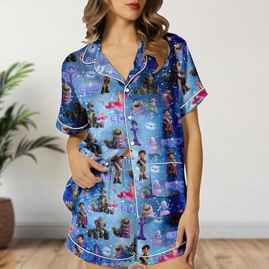 Elio Space Galaxy Pajamas Shorts, Pixar Sleepwear For Her, Cute Starry Night Cartoon Pajama Gift, Disney Elio Gift