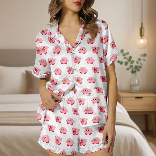 Cute Kirby Cartoon Short Pajamas, Pink Character Loungewear Set, Summer Sleepwear for Fans, Gift For Her