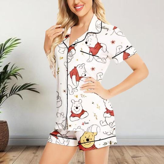 Winnie the Pooh Short Pajamas Set, Disney Pooh Sleepwear, Cartoon Loungewear, Disney Short Shirt, Gift For Her