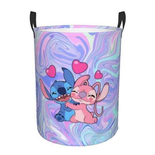 Stitch Angel Heart Love Anime Laundry Basket - Foldable Clothes Hamper for Kids Toys Storage Bin