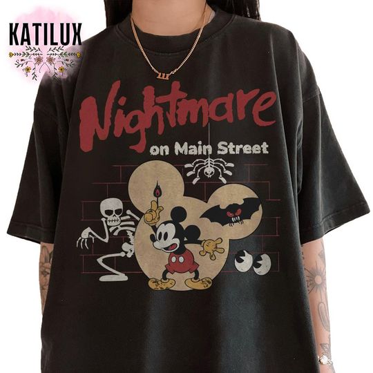 Nightmare on Main Street T-shirt, Vintage Mickey Halloween Tee, Funny Spider Skeleton Retro Disney Shirt for Halloween 2025 Party