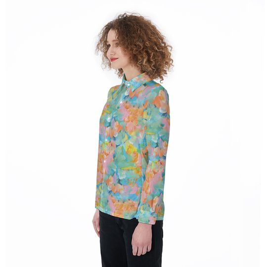 Color Painting Style Long Sleeve Women Casual Shirt, Wildflower Women Blouses Shirt, Garden Casual Shirt, Colorful Flower Women Shirt
