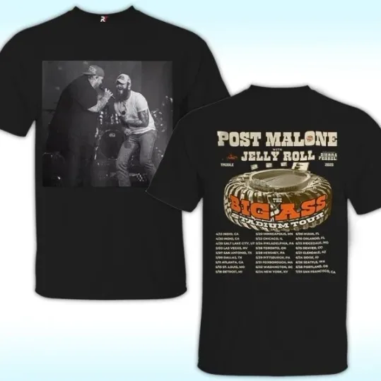 Post Malone Tour 2025 3D T-Shirt, Big Ass Stadium Tour & Jelly Roll Merch