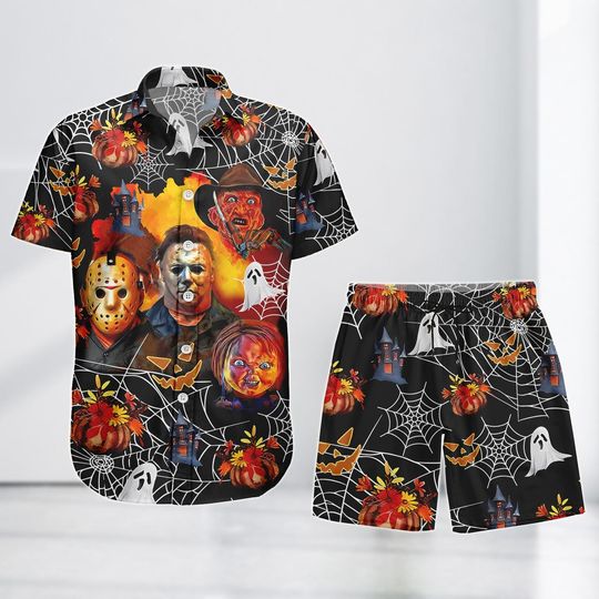 Halloween Horror Movie Hawaii Shirt, Slasher Villains Button Shirt, Michael Myers Jason Chucky Freddy Krueger Spooky Gift