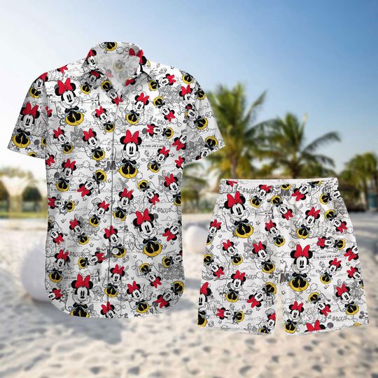 Minnie Mouse Sketch Hawaiian Shirt, Disney Minnie Summer Beach Shirt, Disney Minnie Aloha Summer Shirt, Aloha Vacation Shirt