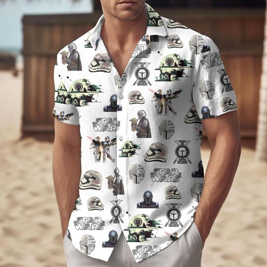 Mandalorian Star Wars Hawaiian Shirt, Grogu and Clone Troopers Button Shirt, Sci-Fi Fan Gift, Beachwear for Men