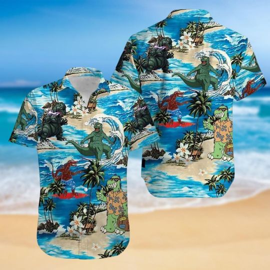 god zilla Hawaiian Shirt, Monster Aloha Shirt, Retro Sci-Fi Summer Shirt, Fun Vacation Wear, Classic Movie Fan Gift, Cool Beach Outfit