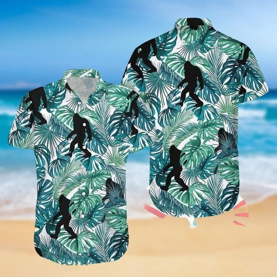 Bigfoot Palm Trees Aloha Hawaiian Shirt, Funny Cryptid Lover Summer Outfit, Tropical Vacation Beachwear, Cool Button-Up