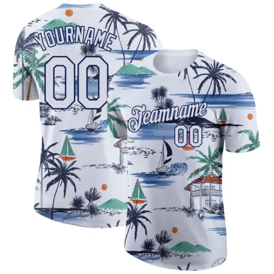 Custom White Navy 3D Pattern Design Hawaii Palm Trees Island And Sailboat Perfor